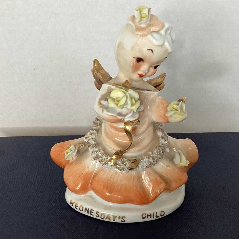 Lefton China Wednesdays Child, yellow roses,‎ angel, gold wings Vintage